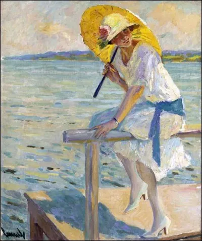 Le soleil, la mer, le style, la jeune fille qui se retourne, l'ombrelle, tout y est. On se croirait, avec ce tableau d'Edward Cucuel, The yellow parasol, dans le film charmant et moqueur...