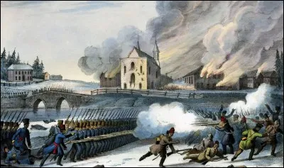 300 Patriotes menés par Chénier, se sont barricadés à l'intérieur du couvent, du presbytère et de l'église locale. Un groupe important va au devant de la mitraille : retraite immédiate et les troupes encerclent le village. Que représente l'image ?