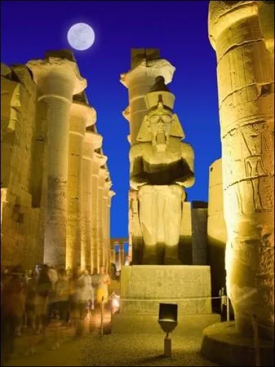 Il y en a plusieurs de lui : l'un est assis près du grand pylône avec d'autres colosses, puis au sud de la cour, s'élèvent onze statues géantes sur pied et deux colosses assis, dont ce dernier.