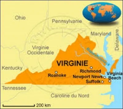 La Virginie est un État du Sud des États-Unis. Devant son nom à la reine Élisabeth Ier d'Angleterre (1533-1603), dite la ''reine vierge'' (Virgin Queen) parce qu'elle ne s'est jamais mariée, il devient une colonie anglaise le 14 mai 1607. D'une superficie de 110 862 km², pour une population de 8 001 024 résidents, il adhère à l'Union le 25 juin 1788. Depuis 1780, quelle ville est sa capitale ?