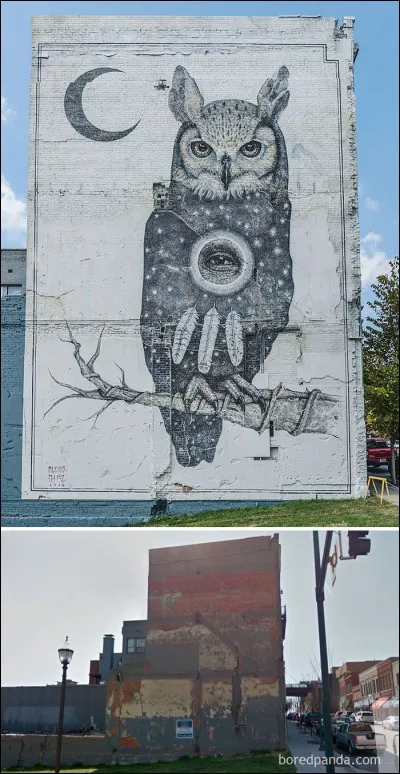 Ce tableau est issu d'une initiative pour redonner vie au centre de cette ville de l'Arkansas, qui fut nommée en l'honneur du marquis de France qui fut général de Washington.
On y voit, à côté d'un croissant de lune, un hibou perché sur une branche. L'artiste, Alexis Diaz, a-t-il voulu que le hibou nous observe des yeux et qu'il nous analyse du troisième oeil ?
Choisissez la bonne option.