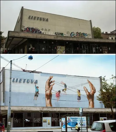 Le cinéma sur Pylimo street, datait de 1965 mais depuis 2005, il était abandonné : l'artiste lui a donné une seconde vie.
Trouvez l'œuvre.