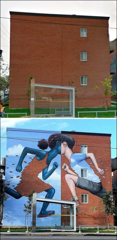 À Montréal, rue St-Laurent, l'oeuvre est d'une bachelière en arts visuels, membre du Conseil des métiers d'art du Québec, à titre d'artisan professionnel. Son complice avoue : '' Mes oeuvres appellent à l'imagination et j'ose espérer que le regard puisse y retourner et toujours l'aborder différemment. '' Donc, il y aura plus à découvrir que ce qu'on verra au premier regard.
Trouvez les artistes.