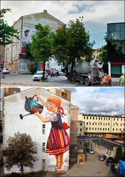 L'artiste polonaise Natalia Rak a transformé ce mur, un peu moche en un édifice plein de vie avec sa muraille. On y voit une jeune fille en habit traditionnel arroser une plante.
Quel est le nom et l'endroit de cette œuvre ?