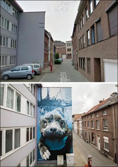 Sympathique montage, haut de 4 étages, oeuvre du Belge Bart Smeets (a.k.a. Smates) représentant un chien sous l'eau dont l'on dit qu'il ''having the time of his life !''. Trouvez son nom s.v.p.