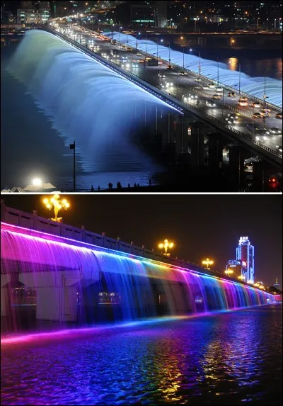 Les cascades d'eau qui s'écoulent depuis les hauteurs de ce pont créent un véritable rideau d'eau multicolore. Cette fontaine est magnifiquement mise en couleurs dès que le soir s'annonce. 
Il s'agit d'un très bel arc-en-ciel de nuit :
