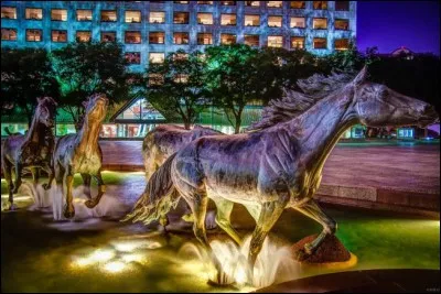 Ils sont pris dans l'action à vous en couper le souffle. il s'agit d'un galop effréné de 9 mustangs sauvages coulés d'une manière saisissante dans une sculpture de bronze à travers des fontaines d'eau et de lumière :