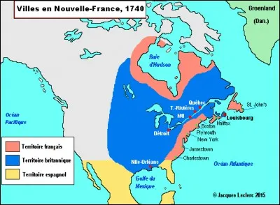 L'ancienne colonie française implantée en Amérique du Nord appelée "Nouvelle-France" est représentée en bleu sur la carte :