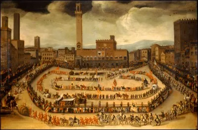 "Défilé des dix-sept contrade sur la piazza del Campo en 1546". 
Au nombre de dix-sept à présent, les contrade constituent des regroupements culturels de quartiers médiévaux. 
À l'époque de Sienne cité-État rivale de Florence, les contrade étaient des subdivisions de la ville, alors au nombre de cinquante, correspondant aux...