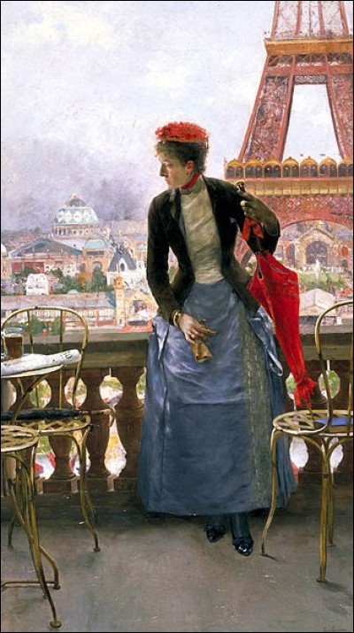 Ce tableau peint par Luis Jimenez Aranda présente une élégante munie de son parapluie écarlate sur une terrasse. Où sont-ils ?