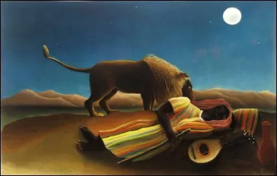 L'étrangeté est présente jusque dans la lumière de la lune qui argente les teintes vives de l'animal et du personnage. Qui a signé cette oeuvre ?