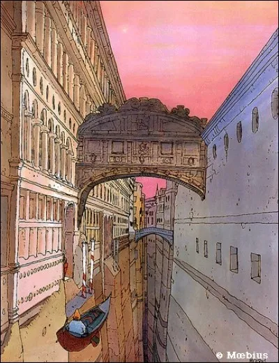 Ce superbe dessin de Moëbius compose bien sûr avec l'imagination et le futur, mais il reste que la ville qui l'inspire est reconnaissable. Quelle est-elle ?