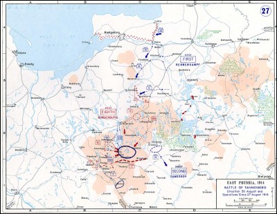 A l'Est de l'Europe, du 26 au 29 août 1914, la bataille de Tannenberg oppose l'Allemagne à