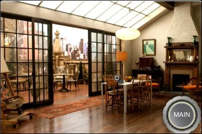 Il s'agit d'un appartement situé à l'étage supérieur d'une maison de ville, à New-York. Comme on le voit, la pièce s'ouvre sur une terrasse. Son propriétaire est un artiste, qui a eu une chance extraordinaire de trouver un si bel endroit. Chez qui est-on ?