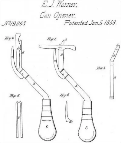 Quels objets Ezra Warner a-t-il associés pour concevoir son propre ouvre-boîte en 1858 ?