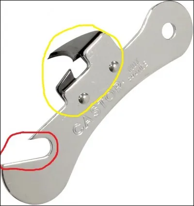 Si la partie entourée en jaune de l'ouvre-boîte sert effectivement à ouvrir les boîtes, à quoi sert celle entourée en rouge, présente sur la plupart des ouvre-boîtes ?