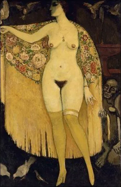 Qui fit scandale avec cette belle vêtue seulement de ses bas et d'un châle ?