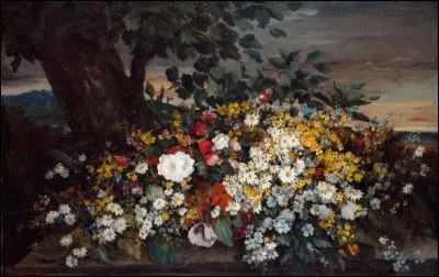 Qui a réalisé cette toile intitulée "Fleurs sur un banc" ?