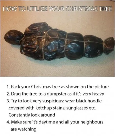 Encore une idée sinistre mais incontestablement drôle, habiller son sapin à la fin des fêtes à la façon d'un "corps dans un film de Hitchcock", histoire de faire parler les voisins... L'important étant aussi...