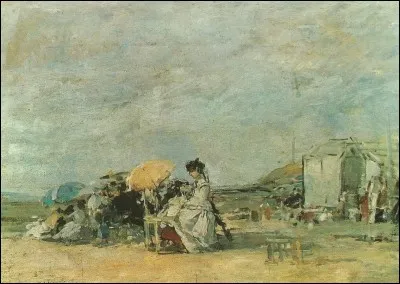 "Dame en blanc sur la Plage de Trouville" est une peinture de...