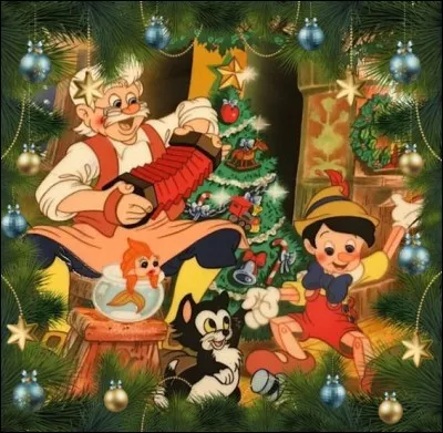Ce sera bientôt Noël chez Pinocchio : Gepetto, son papa, l'ébéniste, a sorti son accordéon. Figaro, le chat de Gepetto, danse avec son ami Pinocchio et Cléo, le poisson rouge, qui aime bien faire sa belle, est à moitié sortie de son aquarium.
Mais on n'a pas illustré le personnage du criquet avec son chapeau et son parapluie, il fait office de la voix de la conscience de Pinocchio. Qui est-ce ?