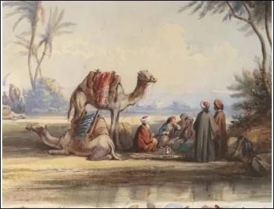 B&eacute;douins, chameaux, d&eacute;sert, Maghreb", tel est le nom de cette aquarelle du peintre :