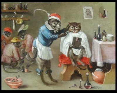 Huile sur cuivre d'un descendant de Bruegel l'Ancien, Ferdinand van Kessel (1648-1696), titrée « ... singe ... ». Pouvez-vous compléter, svp ?