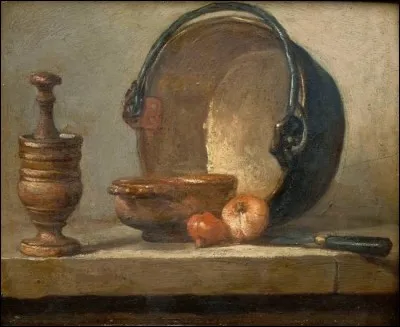 Voici "Egrugeoir avec son pilon, un bol, deux oignons" du peintre :