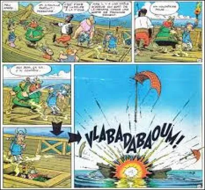 Qu'est-ce qui provoque l'explosion du bateau pirate dans "Astérix en Corse" ?
