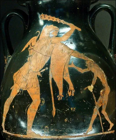 Antiquité > Sur ce vase grec du Ve s. avant JC, Herakles s'apprête à frapper la représentation de la vieillesse, fils d'Erèbe nommé ... (Complétez !)