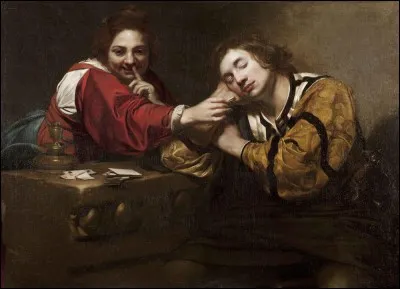 "Dormeur réveillé par une jeune fille tenant une mèche" ou "La Farce' est un tableau d'un peintre baroque, influencé par Le Caravage. Lequel ?