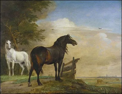"Deux chevaux dans les pâturages avec une clôture" est le nom donné à ce tableau du siècle d'or hollandais. Qui l'a réalisé ?