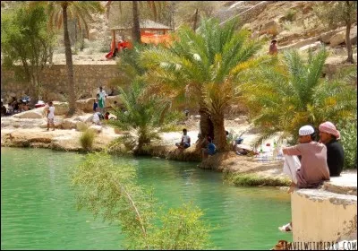 Ce bassin naturel est formé dans une étroite vallée d'altitude (600 m). On se baigne dans cette eau turquoise et chaude, dans ce paysage de désert montagneux. Voyez cette large piscine émeraude dans cette gorge d'énormes rochers blancs.
Quel nom porte ce paradis du désert, l'un des oueds les plus connus du sultanat, qui est vert à longueur d'année et très fréquenté les week-end ?