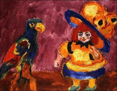 Toile très colorée représentant "Poupée avec un perroquet", par l'artiste :