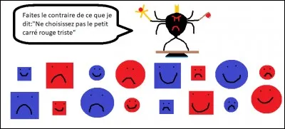 Quel est le contraire de ce que le roi Rascarien a dit : "Ne choisissez pas le petit carré rouge triste" ?
