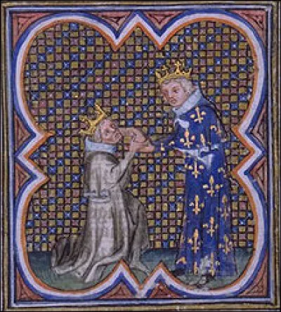 1350 - 1380 > Les François. Parce qu'il faut toujours qu'il revendiquent... Déjà, à l'époque, les fleurs de lys étaient jaunes. On a retrouvé, dans la bibliothèque de ce monarque, des boiseries en bois du Brésil ! Mais c'était lequel, de roi ?
