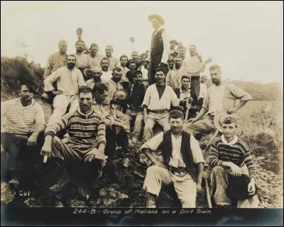 On embaucha la main-d'uvre la moins dispendieuse. Il était impensable d'engager économiquement des Américains et il était délicat de faire affaire avec Panama. Une des solutions arriva par navires entiers (full boat) en provenance d'Europe.
Aussitôt débarqués, ils étaient dirigés par train vers les chantiers.
Que voit-on sur cette photo si vous lisez ?