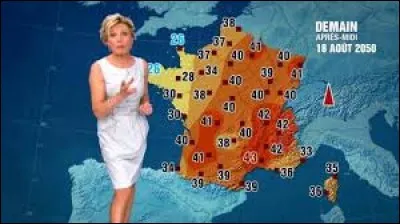 V : Virga : les virgas sont...
(Image : Evelyne Dhéliat présente les prévisions météo pour le 18 août 2050 et montre que dans 30 ans, le réchauffement climatique aura pris sa place sur Terre.)