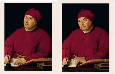 Raphaël nous montre le prélat Tomaso Inghirami en pleine inspiration... Mais apparemment, quelque chose a dû le troubler (cf. tableau de droite). Quoi donc ?