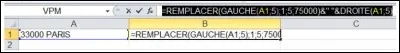 Une fois cette formule appliquée, quel sera le contenu de la cellule B1 ? 
=REMPLACER(GAUCHE(A1;5);1;5;75000)&" "&DROITE(A1;5)