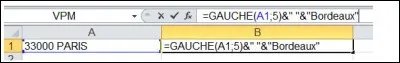 Une fois cette formule appliquée, quel sera le contenu de la cellule B1 ? 
=GAUCHE(A1;5) & " " & "Bordeaux"