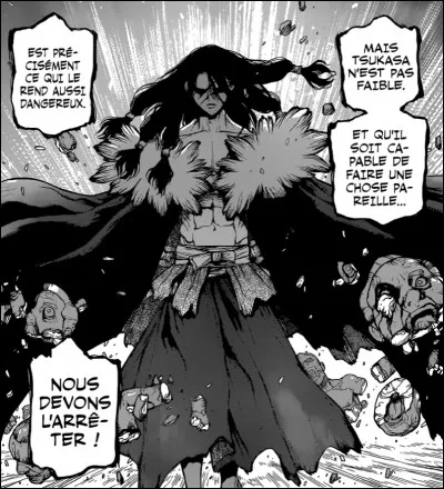 Avec le même schéma d'attaque, Tsukasa de « Dr. Stone » profite de la pétrification de l'humanité pour tuer les mauvaises têtes en ne rencontrant aucune résistance de leur part, et fait tout son possible pour empêcher Senku de recréer un monde technologique. Comment, lui, s'est-il débarrassé de la pétrification ?