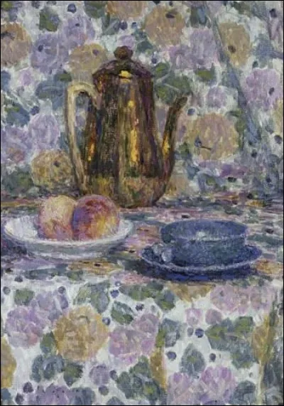 Très jolie toile représentant "La Théière dorée", signée par le peintre :