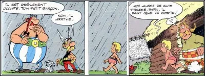 Celui-là ne s'est pas perdu au cours de l'aventure. Le fils de Boetanix et d'Amoniake les amène auprès de ses parents. Au départ des deux héros, son père se demandera si son fils n'abuse pas trop de la cervoise. Il vient de sortir en « urgence » de la maison.
Je connais son nom à l'étranger et vous aussi !
Qui est ce gamin ?