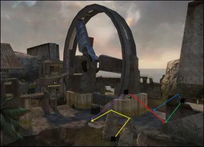 [1re Xbox] Quel chemin est utilisé depuis un spot où s'accroupir (en noir) afin de réaliser le super bounce pour atteindre le haut de la grande roue ? (L'extrémité de la flèche étant l'emplacement où il faut atterrir lors du saut pour rebondir)