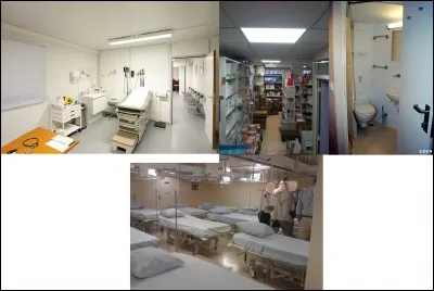 En cas de malaise, de maladie, de blessure, les personnes peuvent se faire soigner ici. Cette immense pièce possède : une salle de soins, une salle d'attente, une réserve de pharmacie, un coin sanitaire et d'une chambre de repos avec une dizaine de lits. C'est...
