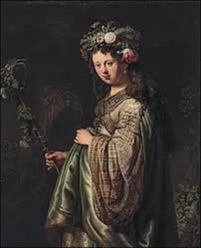 Peinture datant de 1634, ''Flora'' ou ''Saskia en Flora'' est un tableau nous montrant la femme de l'artiste habillée en déesse Flora. Quel peintre baroque a dépeint sa compagne sur cette huile sur toile ?