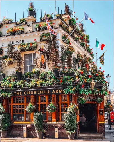 The Churchill Arms, localisé à Kensington, est un pub unique : après tout on y profite d'une tonne métrique de fleurs colorées nécessitant l'entretien d'un employé annuel. Pour Noël, on ajoute 90 arbres et 12000 ampoules. L'ambiance intérieure est alimentée pour en faire une sorte de cathédrale à la mémoire de Churchill.
Dans quelle capitale, fut-il le premier pub à servir des menus Thaï ?