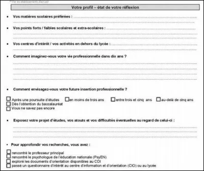 Le prof vous donne une feuille d'orientation pour savoir quel métier vous voulez faire plus tard. Que mets-tu ?