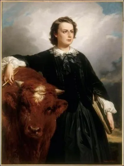 Première femme artiste à recevoir la légion d'honneur en 1865 (de l'impératrice Eugénie en personne !), le modernisme répudiera son genre de peintur (animalière). Cet autoportrait la représente au côté de ses modèles favoris !